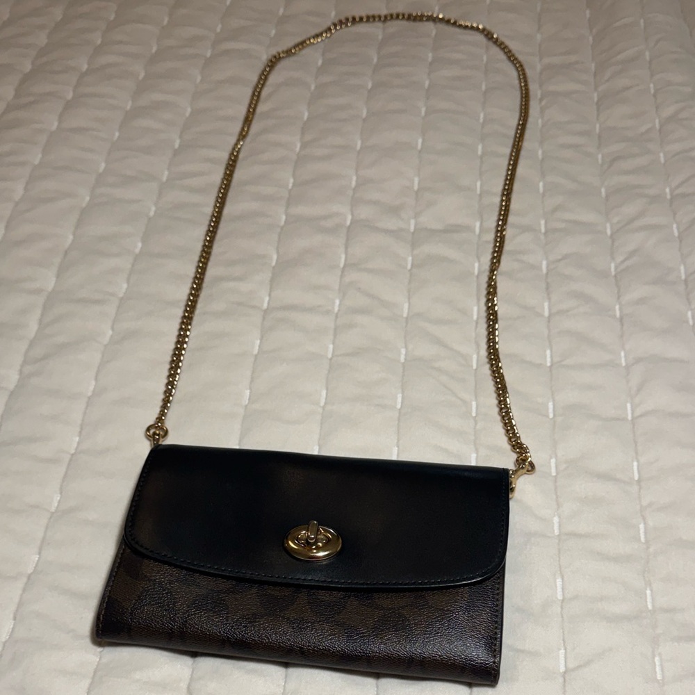 Coach Black and Brown Crossbody Bag with Gold Chain